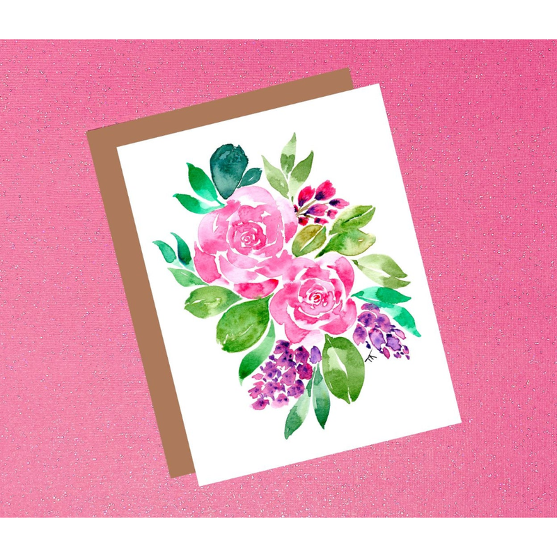 Floral card with pink roses and green leaves on a pink background