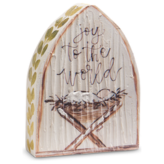Decorative wooden sign with 'joy to the world' text and a manger scene.