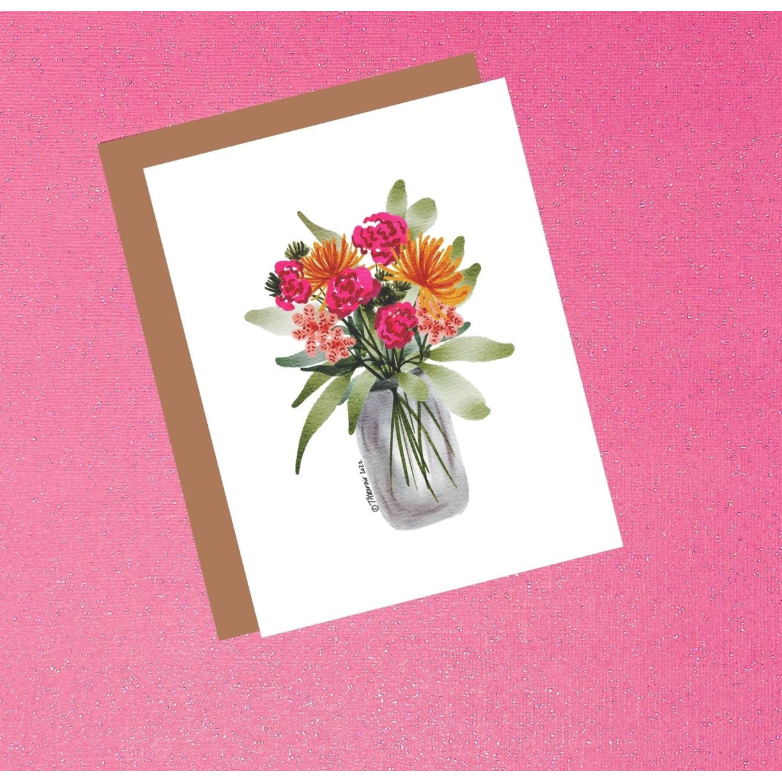 Watercolor Pink And Orange Floral Bouquet Greeting Card