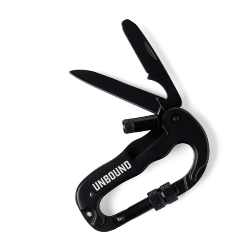 Black multi-tool with knife blade on a white background