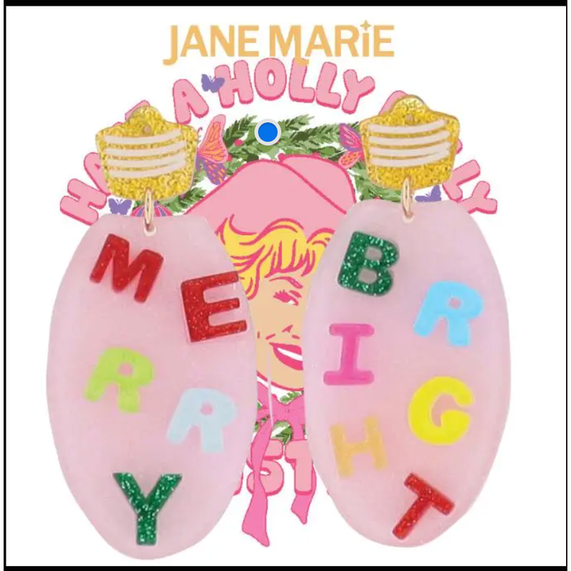 Decorative earrings with colorful letters spelling 'Merry Bright' on a white background.