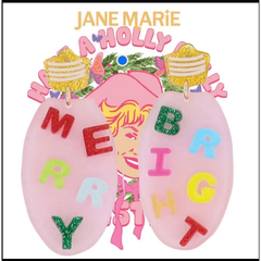 Decorative earrings with colorful letters spelling 'Merry Bright' on a white background.
