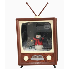 Vintage-style television with a snowman scene inside on a white background