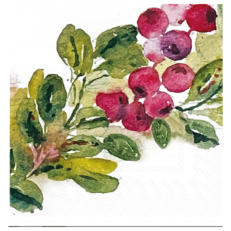 Watercolor painting of red berries and green leaves on a white background