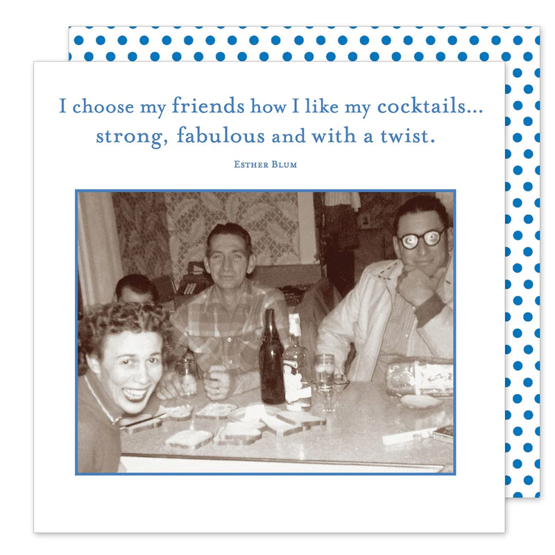 Vintage photo of three men at a table with drinks, framed by a blue polka dot border and text.