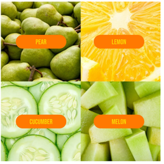 Four images of green fruits and vegetables with labels: pear, lemon, cucumber, and melon.