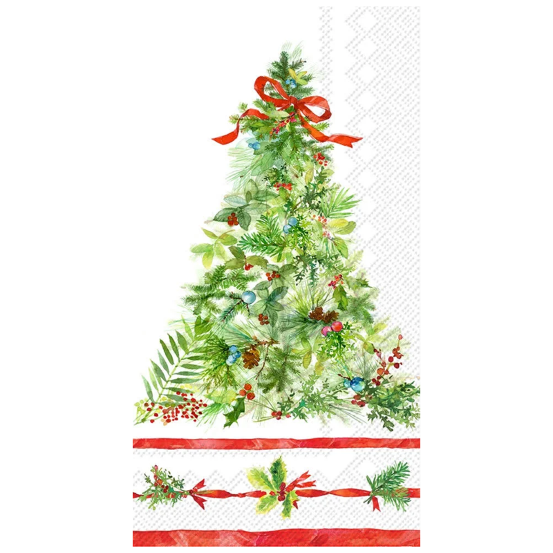 Napkin with a Christmas tree design featuring green foliage, red ribbons, and berries on a white background.