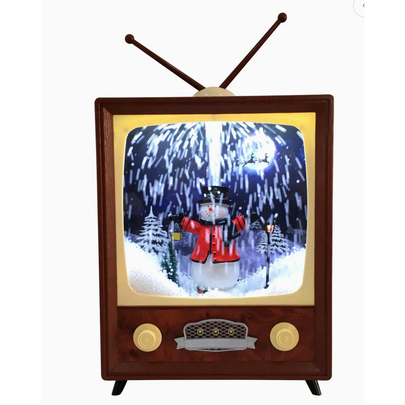 Vintage-style television with a snowman scene on a white background