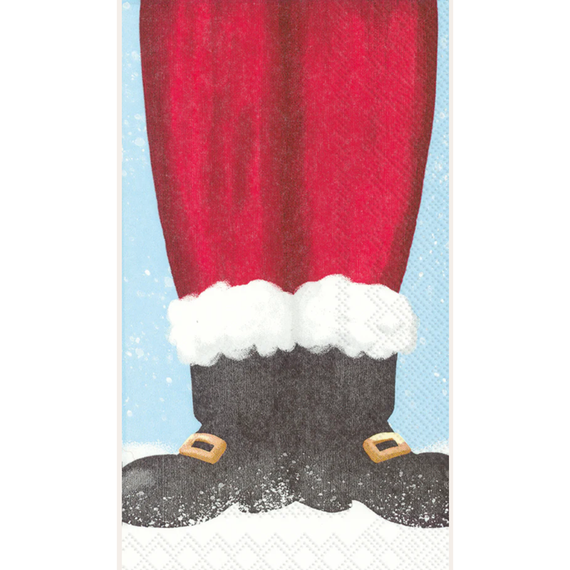 Close-up of Santa Claus's red pants and black shoes with white cuffs on a light blue background.