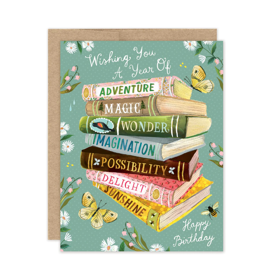 Birthday card with books and motivational phrases on a green background