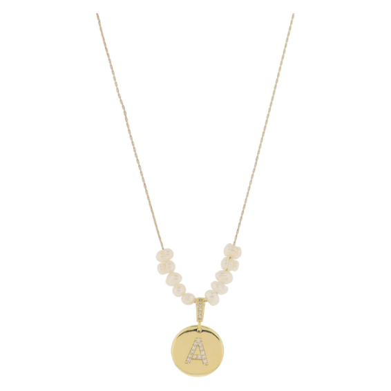 Freshwater Pearl and Crystal Loop with "A" Initial Gold Necklace