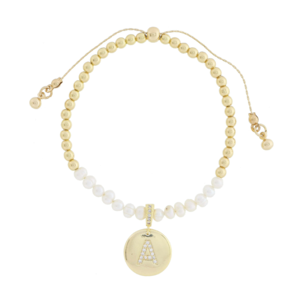 Freshwater Pearl and Crystal Loop with Pave Crystal "A" Disc Bracelet