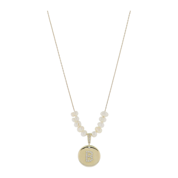 Freshwater Pearl and Crystal Loop with "B" Initial Gold Necklace