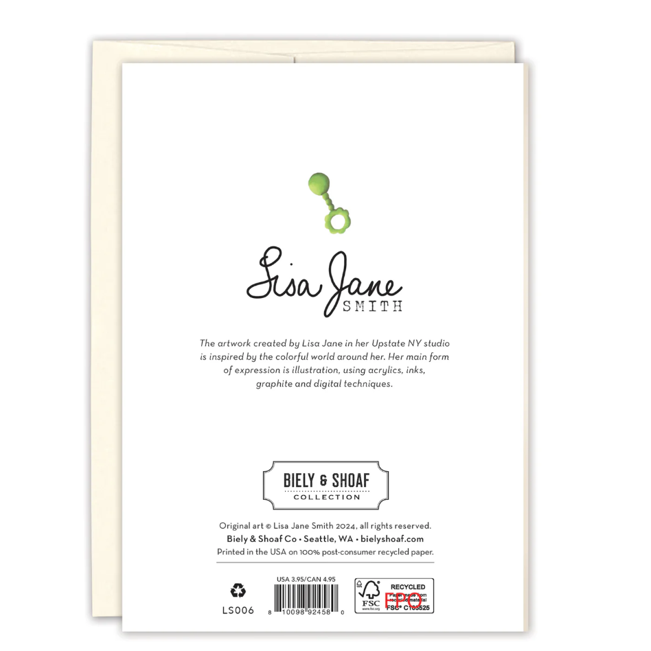 Back of a card with 'Lisa Jane Smith' branding and product details.
