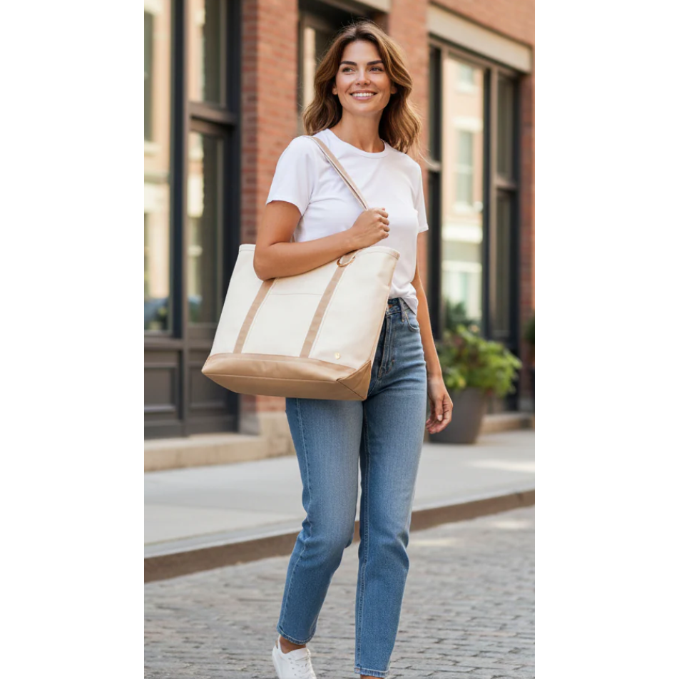 A woman wearing a white t-shirt, blue jeans, and white sneakers carries a large cream canvas tote bag with tan trim and strap over her shoulder, walking on a cobblestone street in front of a brick building.