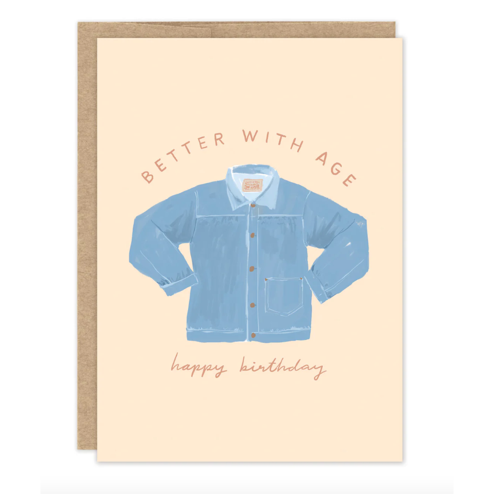 Birthday card with a blue jacket illustration and text on a beige background