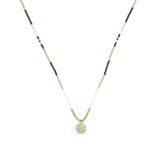 Black, Green, Gold, White Beaded with Gold Disc Necklace