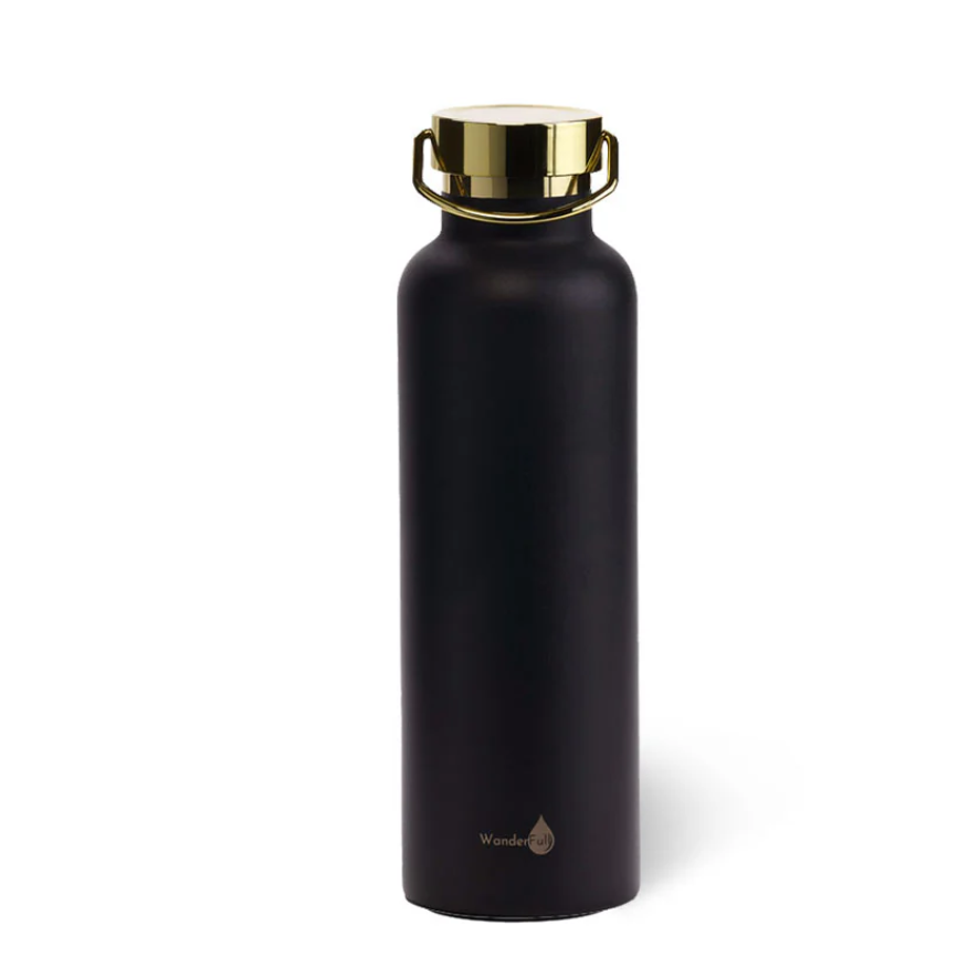 Black water bottle with gold cap on a white background