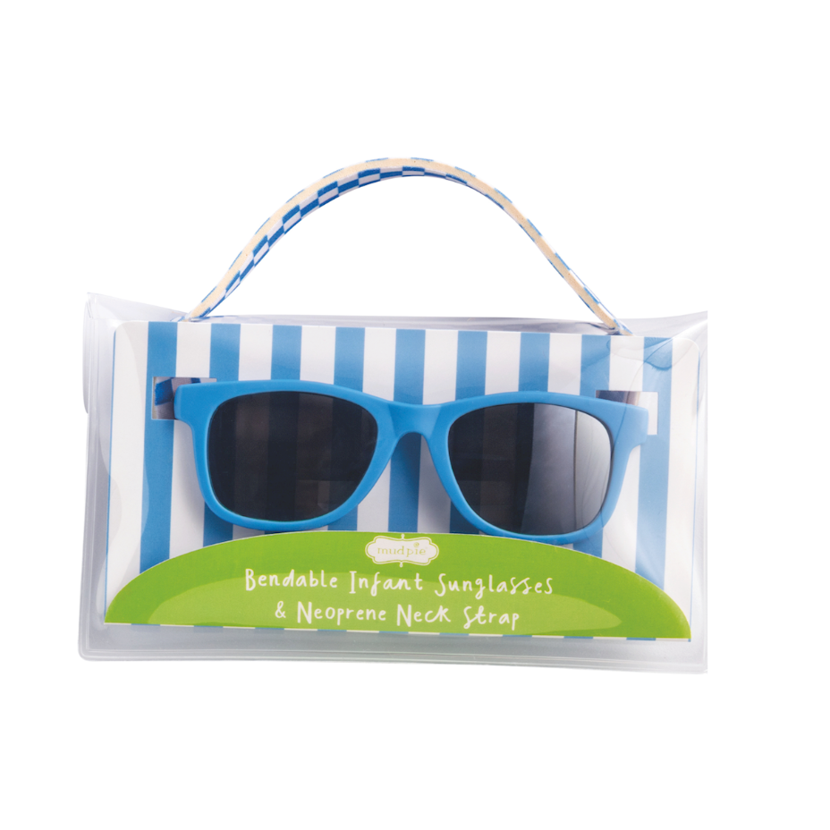 Blue infant sunglasses with a striped carrying case on a white background