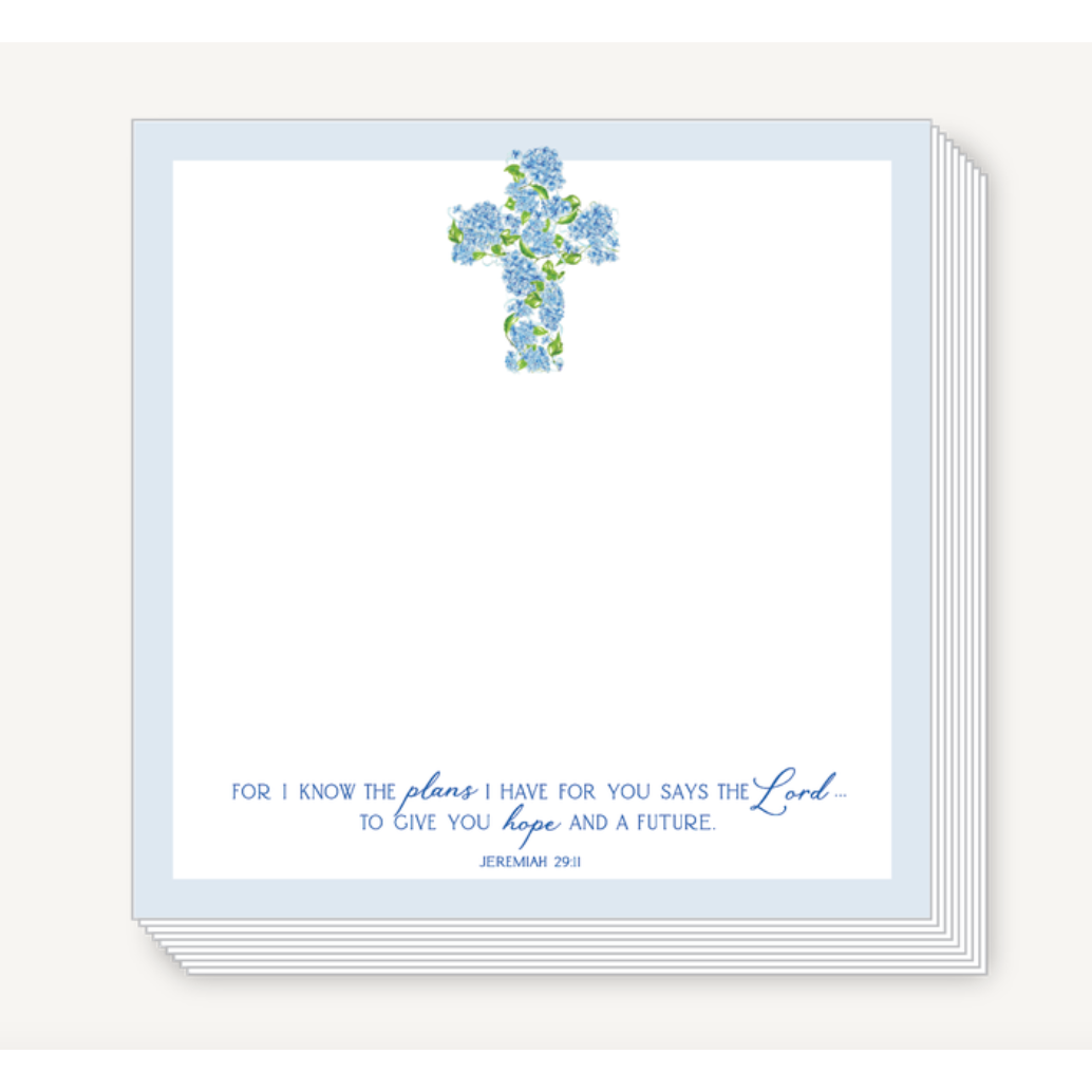 Stack of cards with floral cross design and Bible verse on a white background
