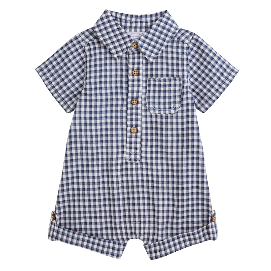 Blue and white checkered romper with button details on a white background
