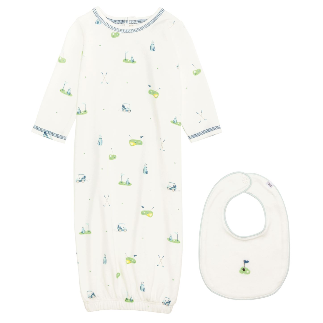 Baby onesie with car pattern and matching bib on a white background