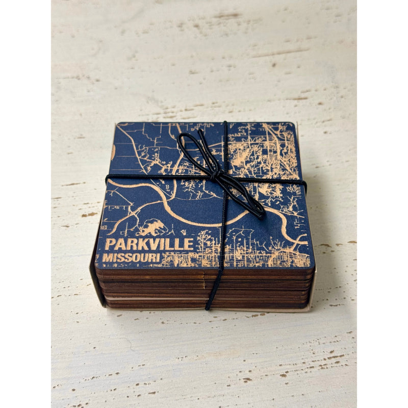 Parkville Missouri Wooden Coasters in Blue.