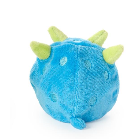 Blue plush toy with green spikes on a white background