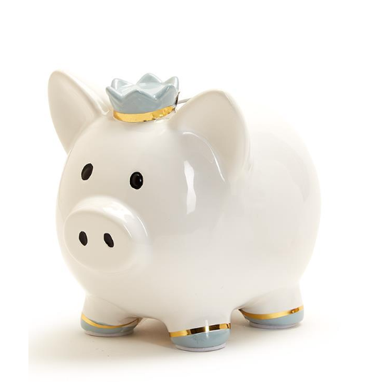 White piggy bank with a crown on a white background