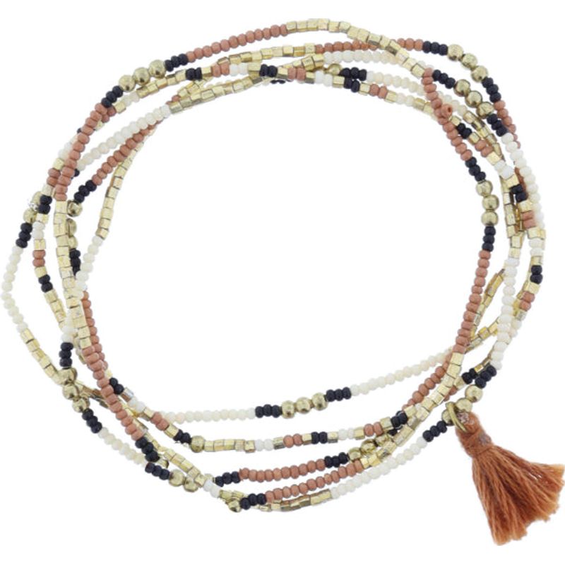 Brinly Mauve, Gold, Black, Ivory Beaded with Terra Cotta Tassel Beaded Bracelet