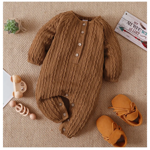 Solid Brown Knitted Button Design Long-Sleeve Baby Jumpsuit