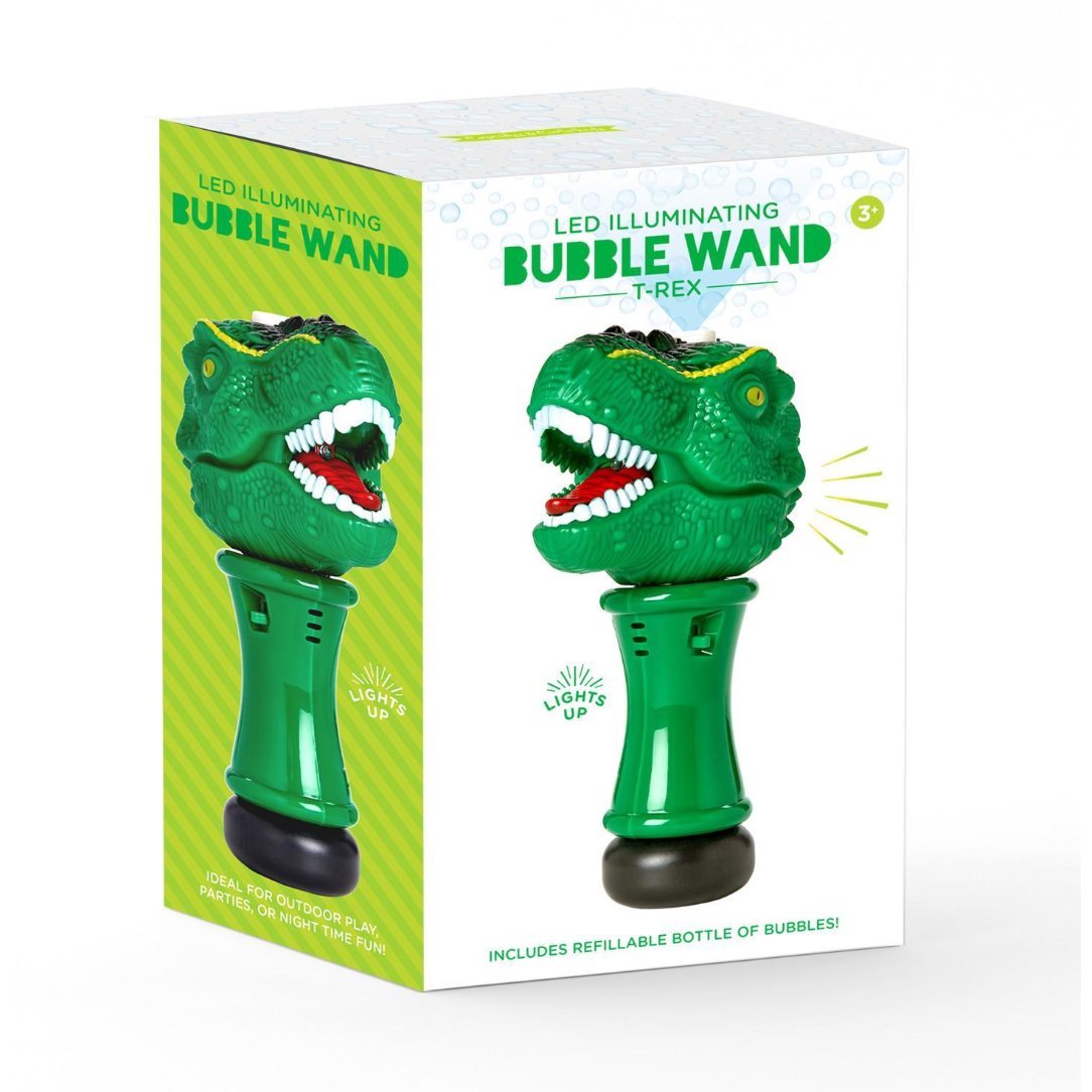 Boxed LED illuminating bubble wand shaped like a T-Rex on a white background