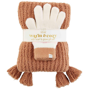 Camel Color Block Glove and Scarf Set