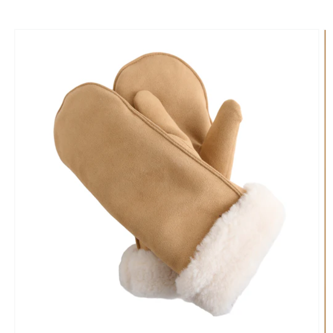 A pair of tan faux-suede winter mittens with a soft white shearling-style cuff, shown on a plain white background.