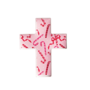 Decorative cross in pink with candy canes on a white background