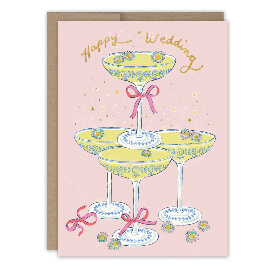 Wedding card with champagne glasses and 'Happy Wedding' text on a pink background