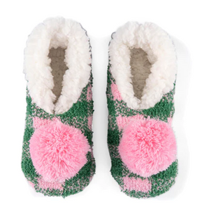 Chlo Plaid Knit Holiday Slippers with Pom, Green 
