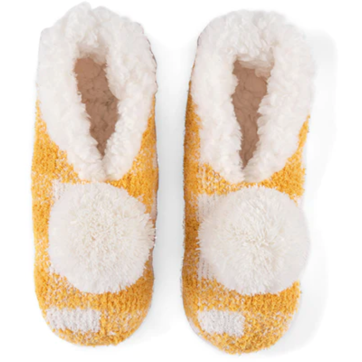 Chlo Plaid Knit Slippers with Pom, Yellow
