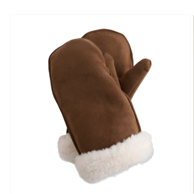 A pair of brown faux-suede mittens with a white faux-fur trim, shown against a plain white background.
