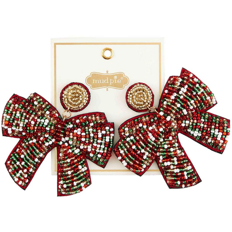 Christmas Bow Holiday Beaded Earrings