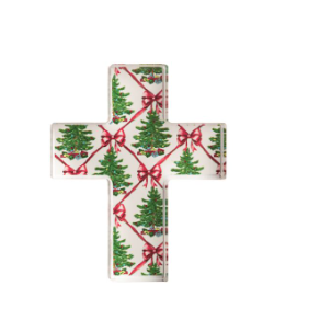 Decorative cross with Christmas tree and bow pattern on a white background