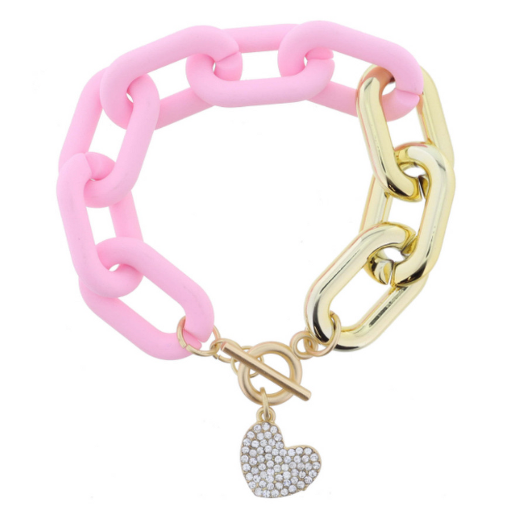 Chunky Light Pink and Gold Links with Gold Toggle and Crystal Heart Bracelet