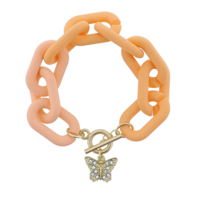 Chunky Multi Peach Links with Gold Toggle and Crystal Gold Butterfly Bracelet