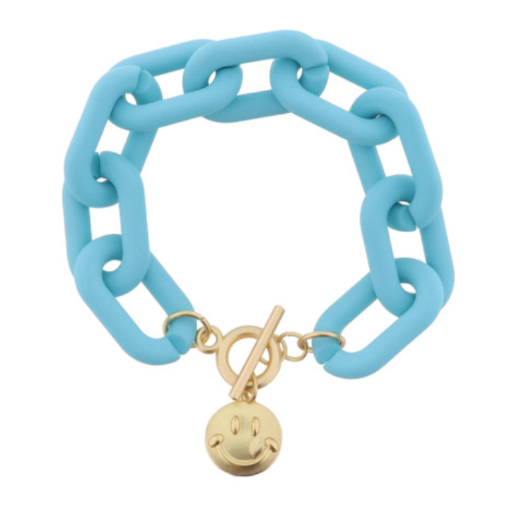 Chunky Teal Links with Gold Toggle with Gold Happy Face Disc Bracelet