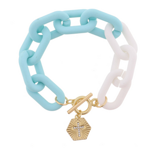 Chunky White and Mint Links with Gold Toggle and Gold Hexagon with Crystal Cross Bracelet