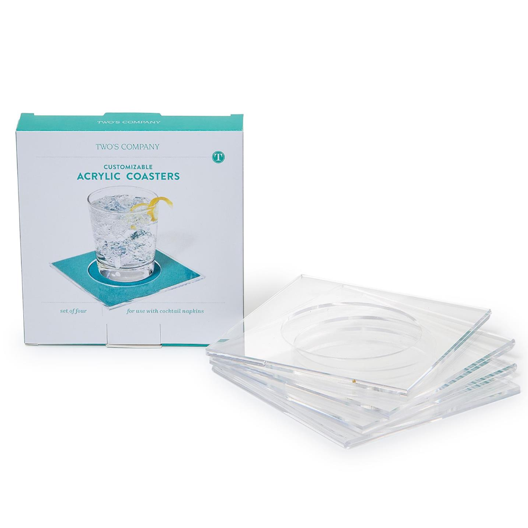 A set of clear acrylic drink coasters displayed next to their white and teal packaging box on a clean white background.