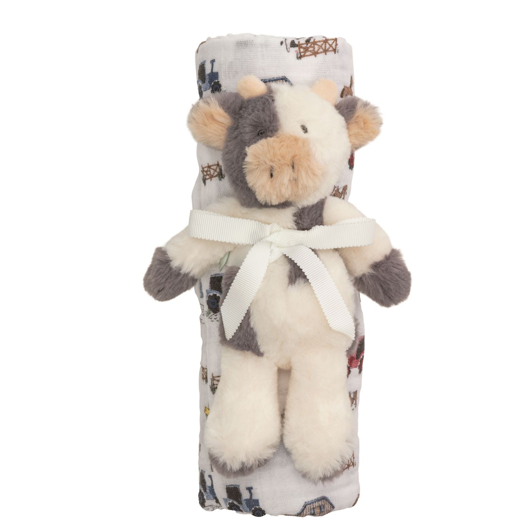 Cow Swaddle & Rattle Set