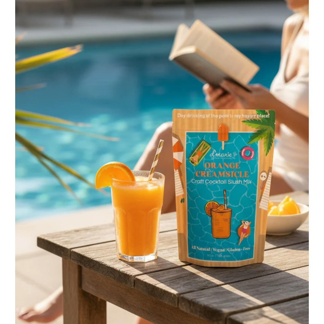 Orange Creamsicle cocktail mix package with a glass of orange juice by a poolside.