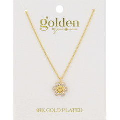 Crystal Pave and Gold Happy Face Flower 18G Gold Plated Necklace