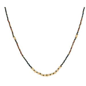Dark Green, Gold, Maroon, Champagne Beaded with Champagne Faceted Portion Necklace